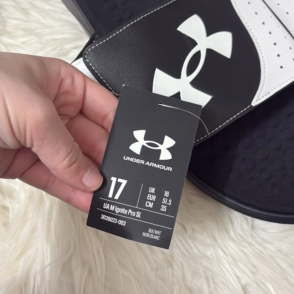 NEW In Packaging Under Armour Men’s Black And White Ignite Pro Slides Size 17